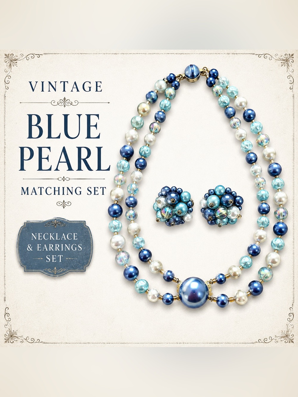 Vintage Blue Pearl Necklace Earrings Set Double Strand Aurora Borealis Beads